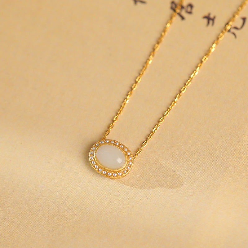 Luxurious White Jade and Pearl Necklace with S925 Silver Pendant