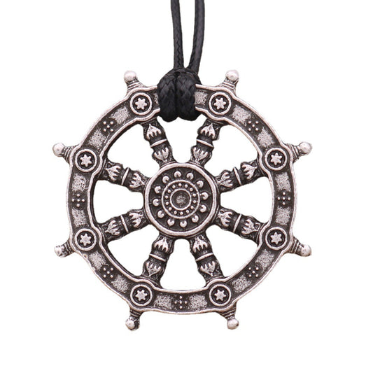 Viking Compass Ship Wheel Necklace with Norse Myth Rune Pendant - Retro Men's Neckpiece