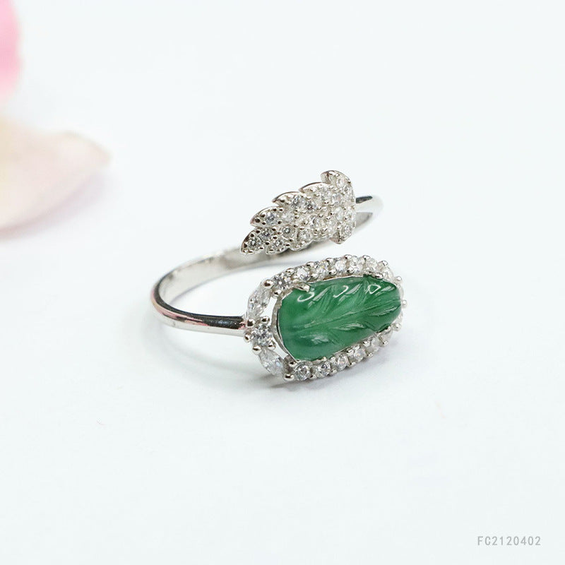 Icy Green Jadeite Leaf 925 Silver Ring
