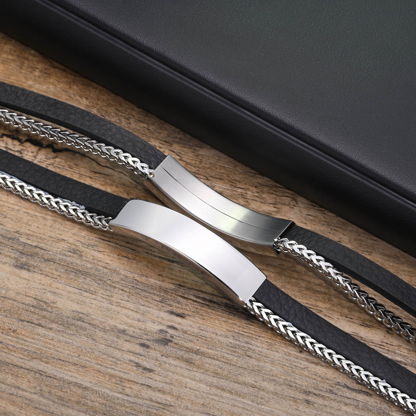 European And American Stainless Steel Magnetic Buckle Keel Chain Curved Leather Bracelet Steel Color For Men