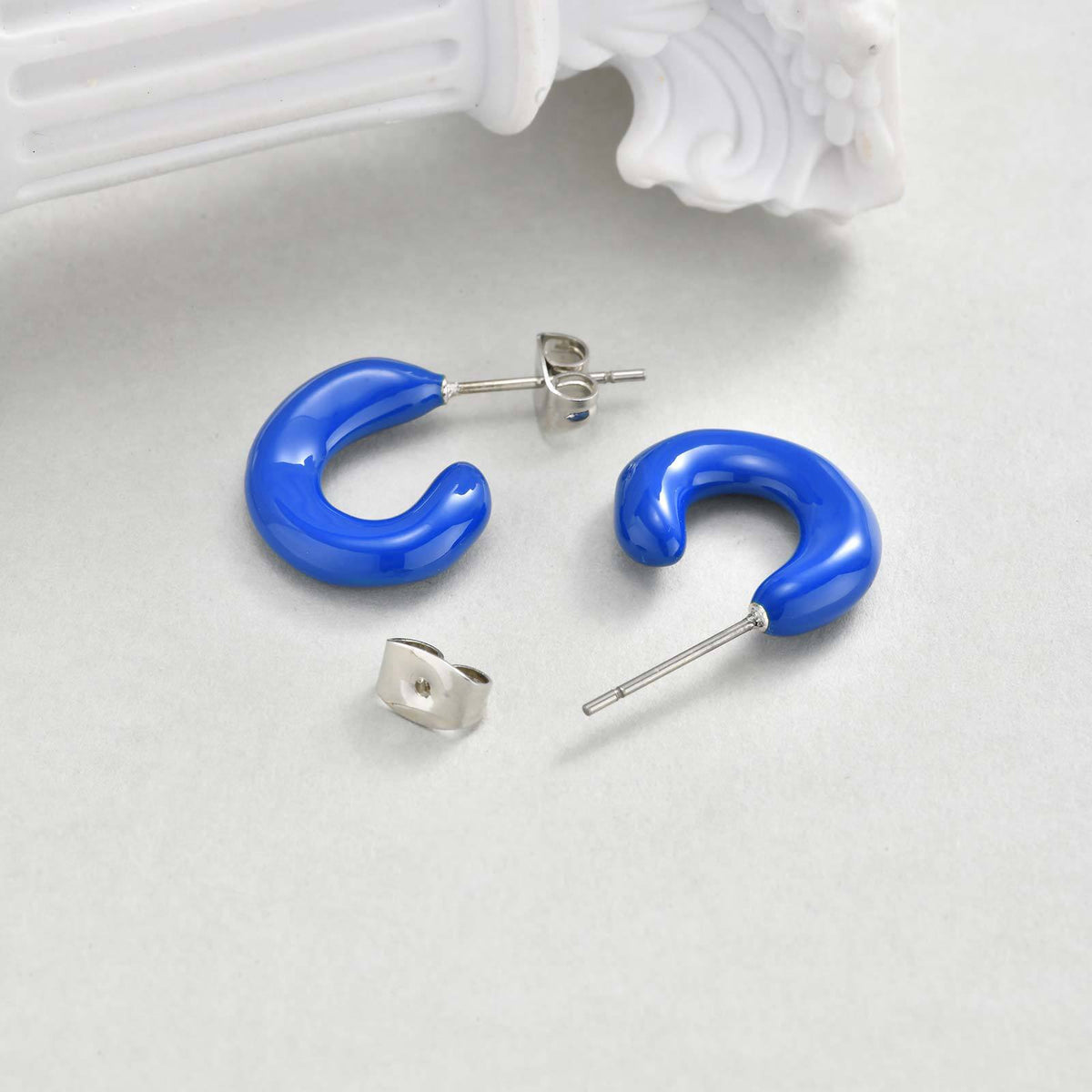 Cobalt Blue Enamel C-Hoop Stud Earrings
