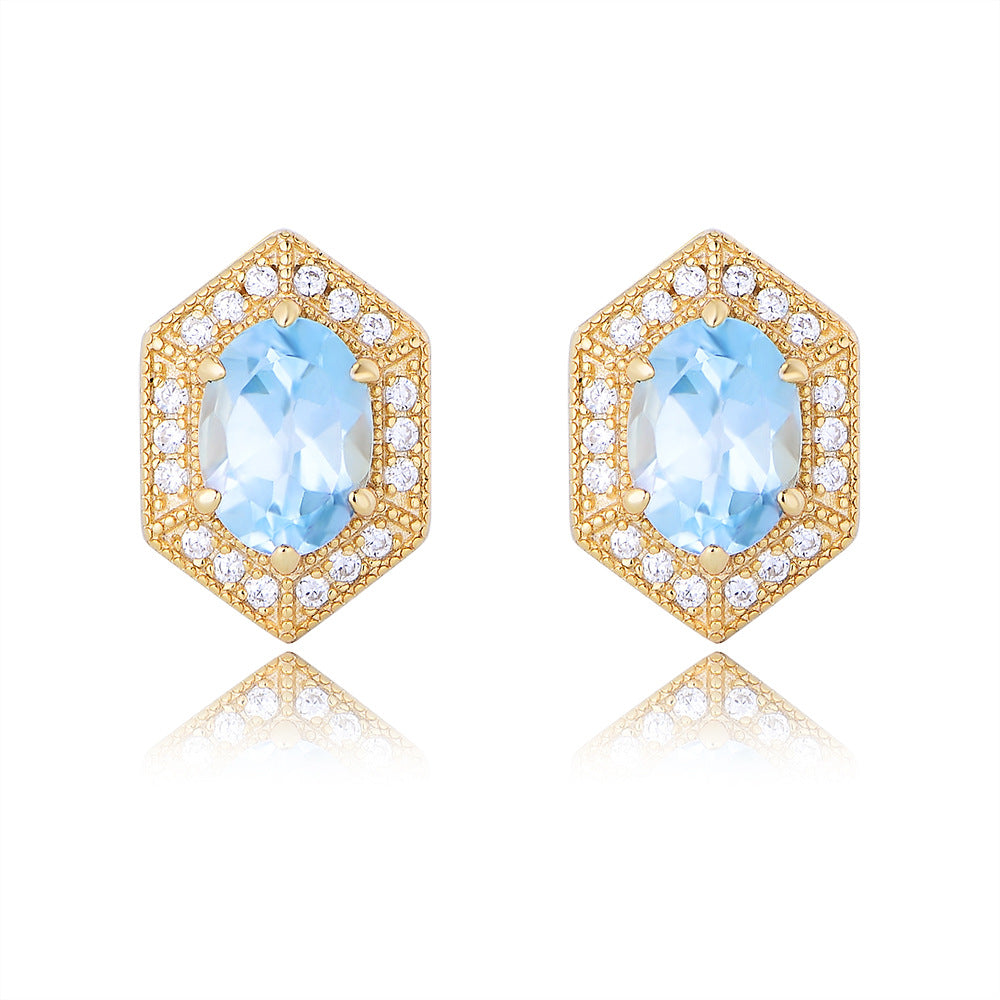 Geometric Blue Natural Topaz Earrings Sterling Silver Stud Earrings, Earrings