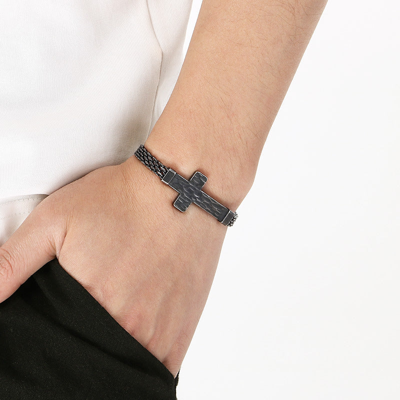 Hammer Texture Cross Stainless Steel Men's Bracelet Hand Adjustable