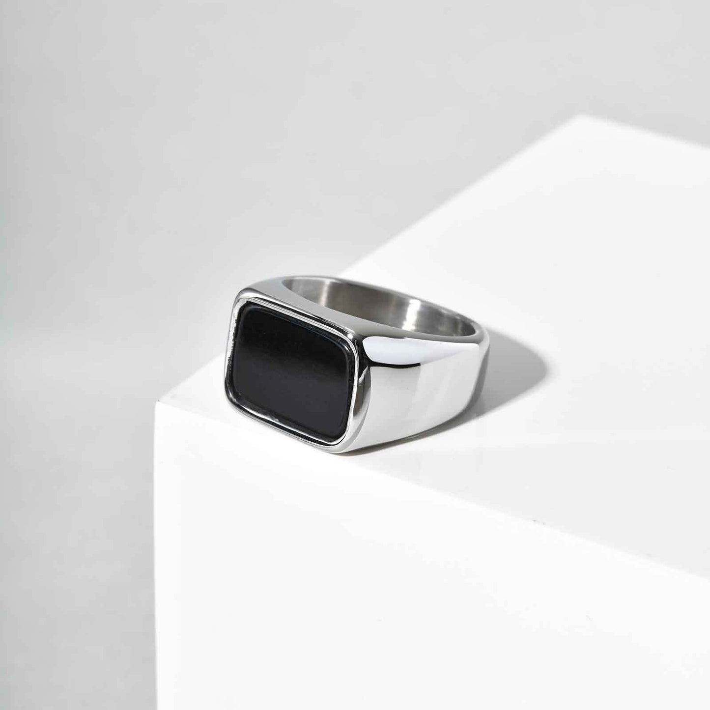 Stainless Steel Geometric Square Black Glass Stone Ring Mens