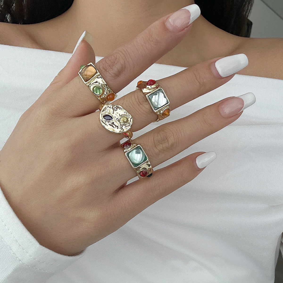 Planderful Collection Vienna Verve Zircon Gem Ring Set Geometric Lava Inlaid Statement Jewelry For Women