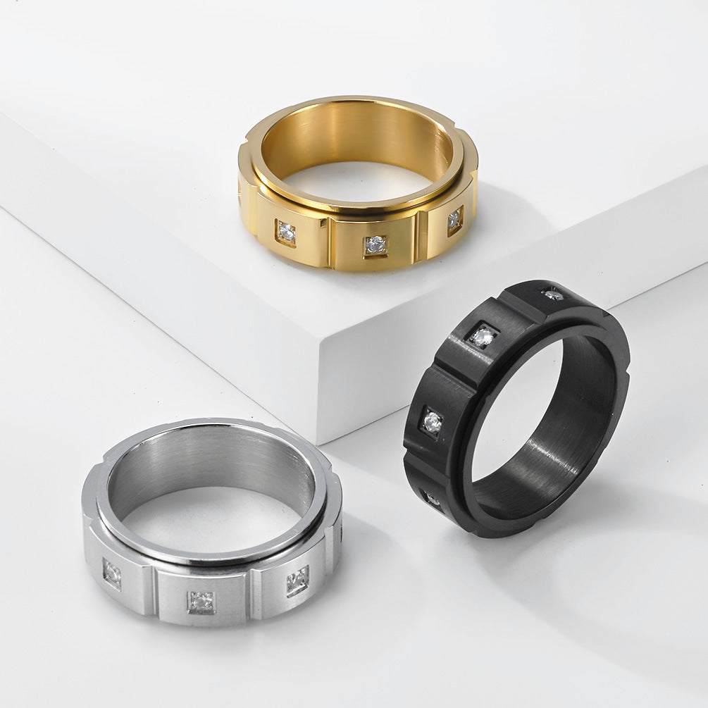 Stainless Steel Zircon Geometric Design Rotating Ring Black Matte