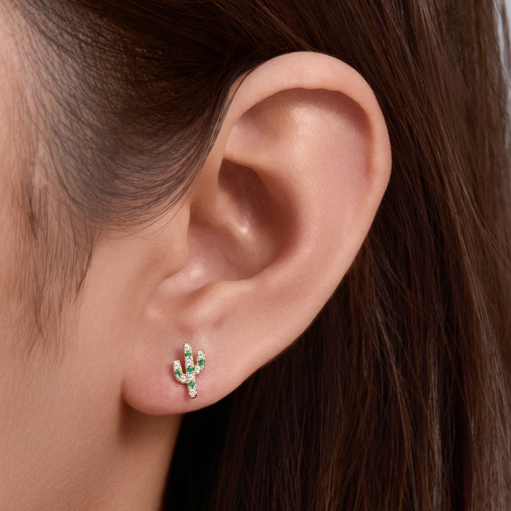 S925 Silver Plant Cactus Micro-Inlaid Zircon Small Stud Earrings Japan And Korea Sweet