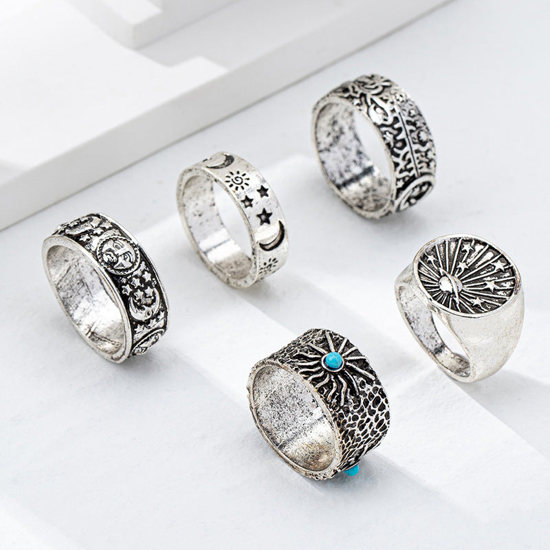 Retro Metal Star Moon Sun Flower Ring Set for Women