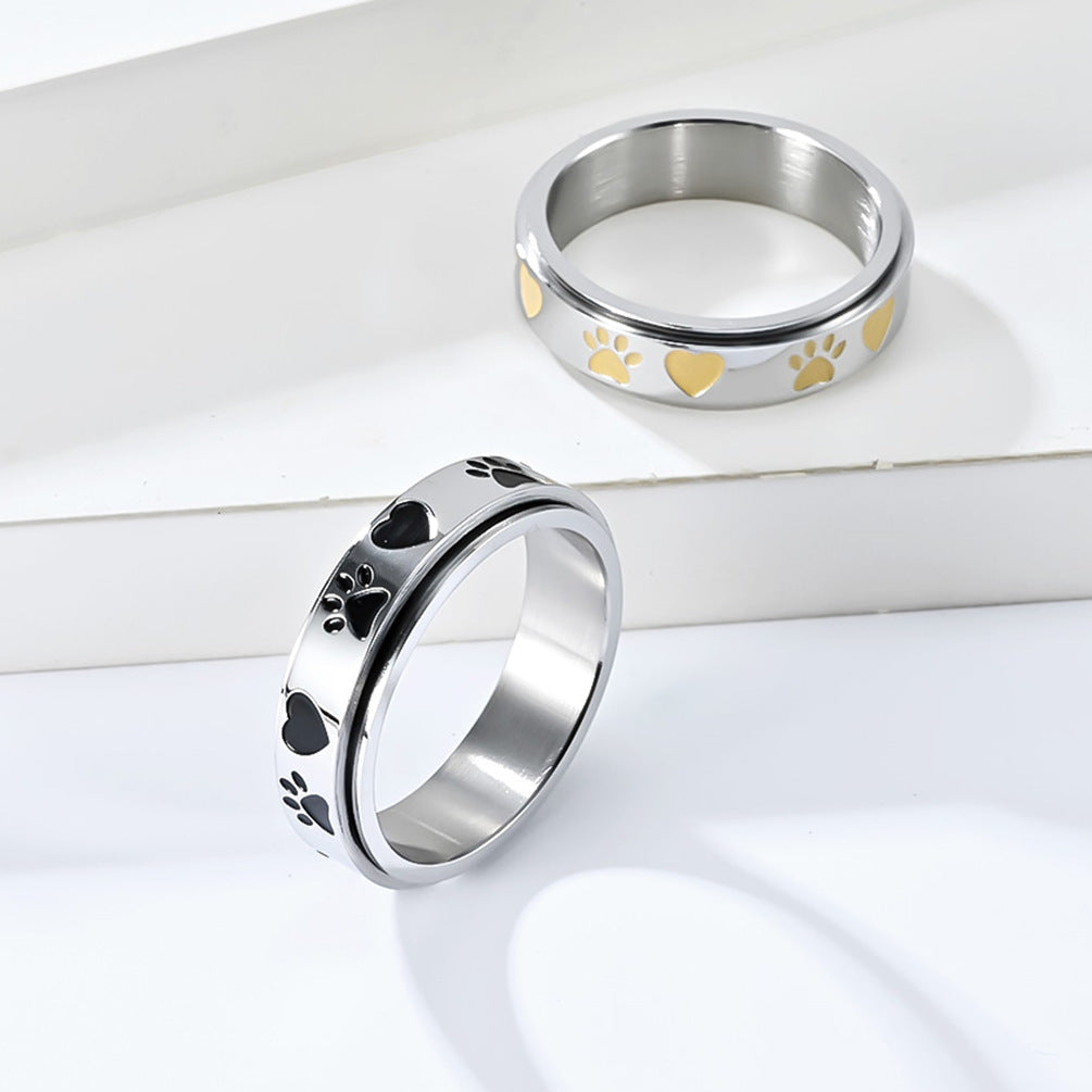Planderful Puppy Palm Print Rotating Ring For Women Titanium Steel Pet Lover Jewelry Niche Hipster Style
