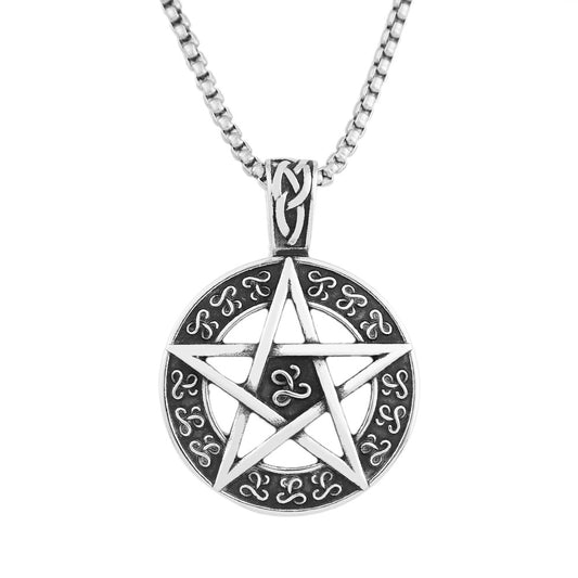 Titanium Steel Men's Trend Necklace Round Pentagram Pendant