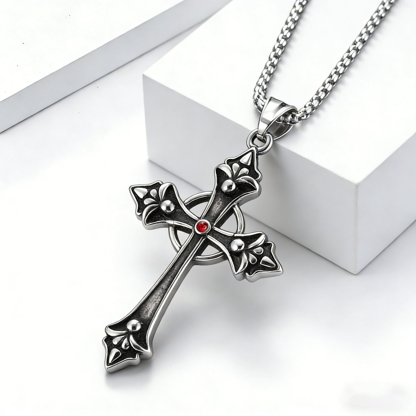 Planderful Titanium Steel Cross Pendant Necklace With Zircon Inlay For Unisex Gothic Style And Everyday Wear