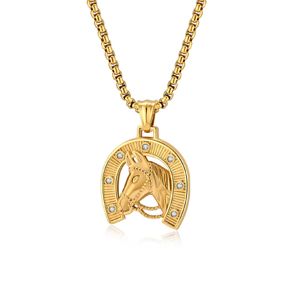 Planderful Horseshoe Horse Head Necklace For Men Retro Streetwear Niche Design Pendant Steel