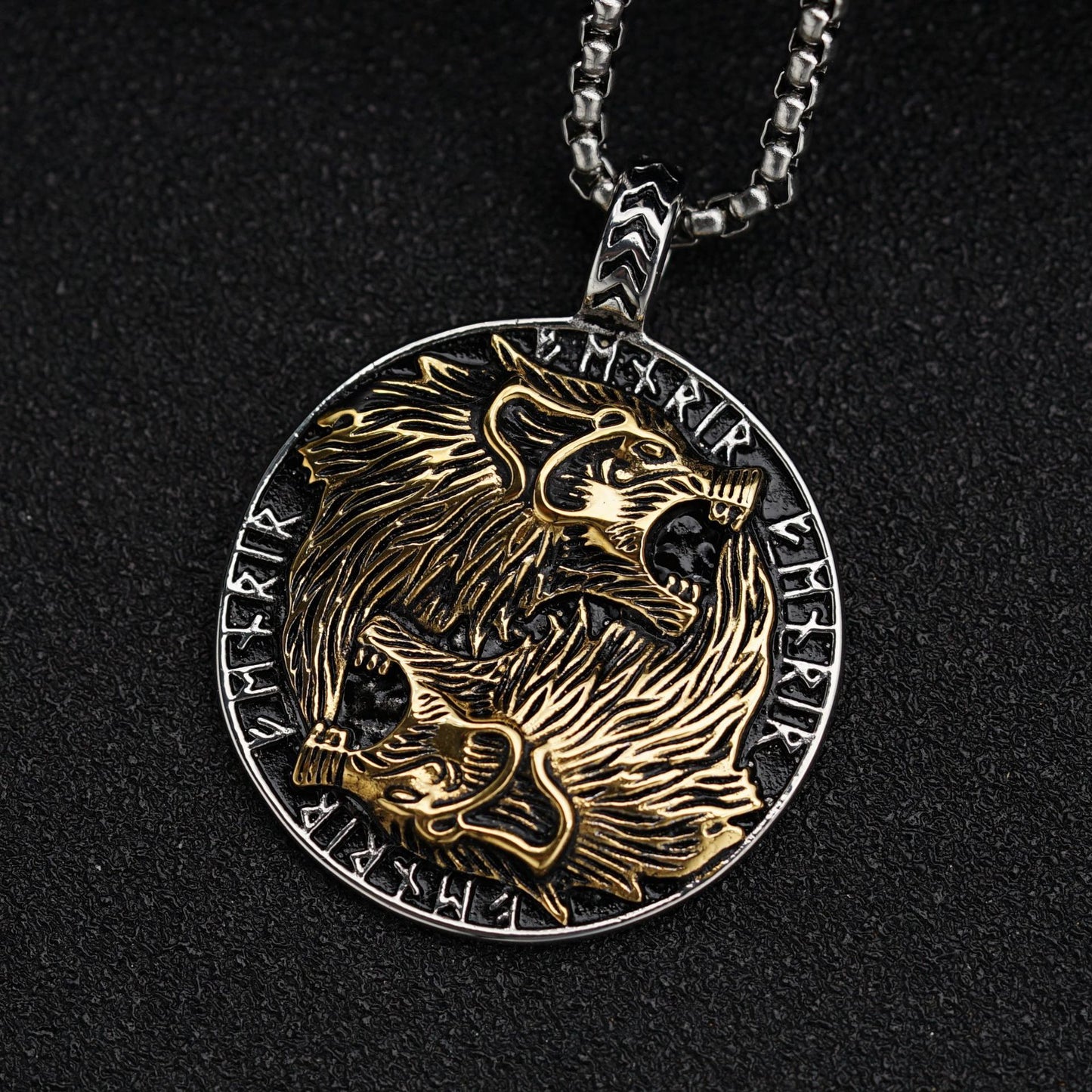 Steel Necklace - Statement Double Wolf Head Pendant