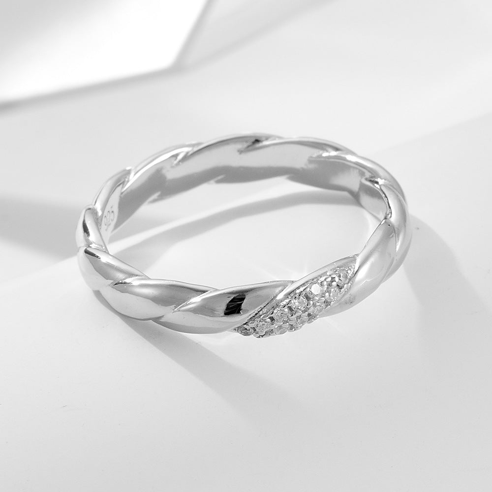 S925 Sterling Silver Twist Zircon Ring Retro Wide Version Ring Jewelry