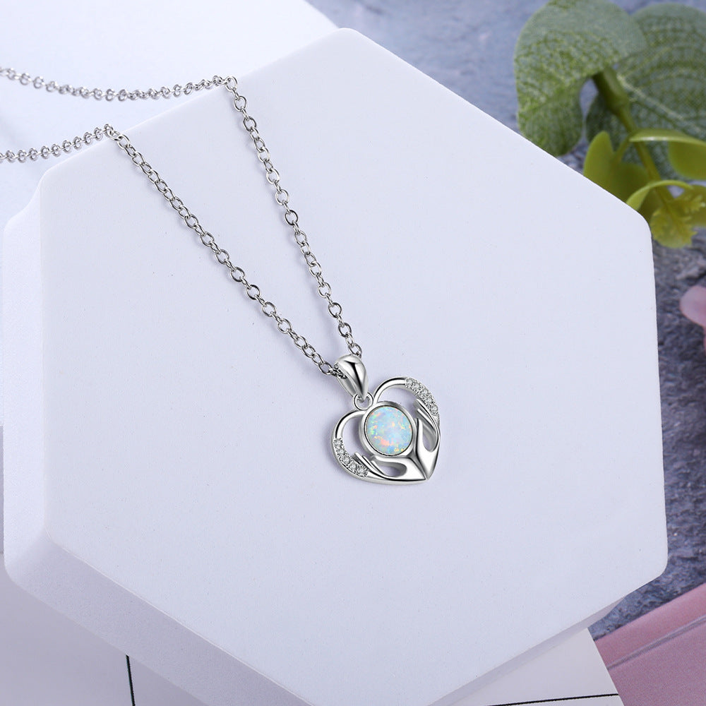 Holding Round Opal with Zircon Love Pendant Sterling Silver Necklace