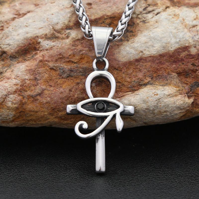 Titanium Steel Eye of Horus Anhe Cross Pendant Necklace for Men