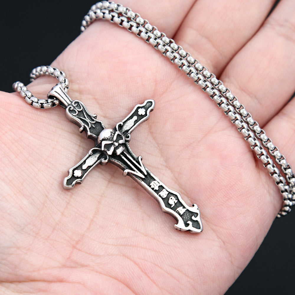 Planderful Vintage Skull Necklace with Stainless Steel Cross Pendant
