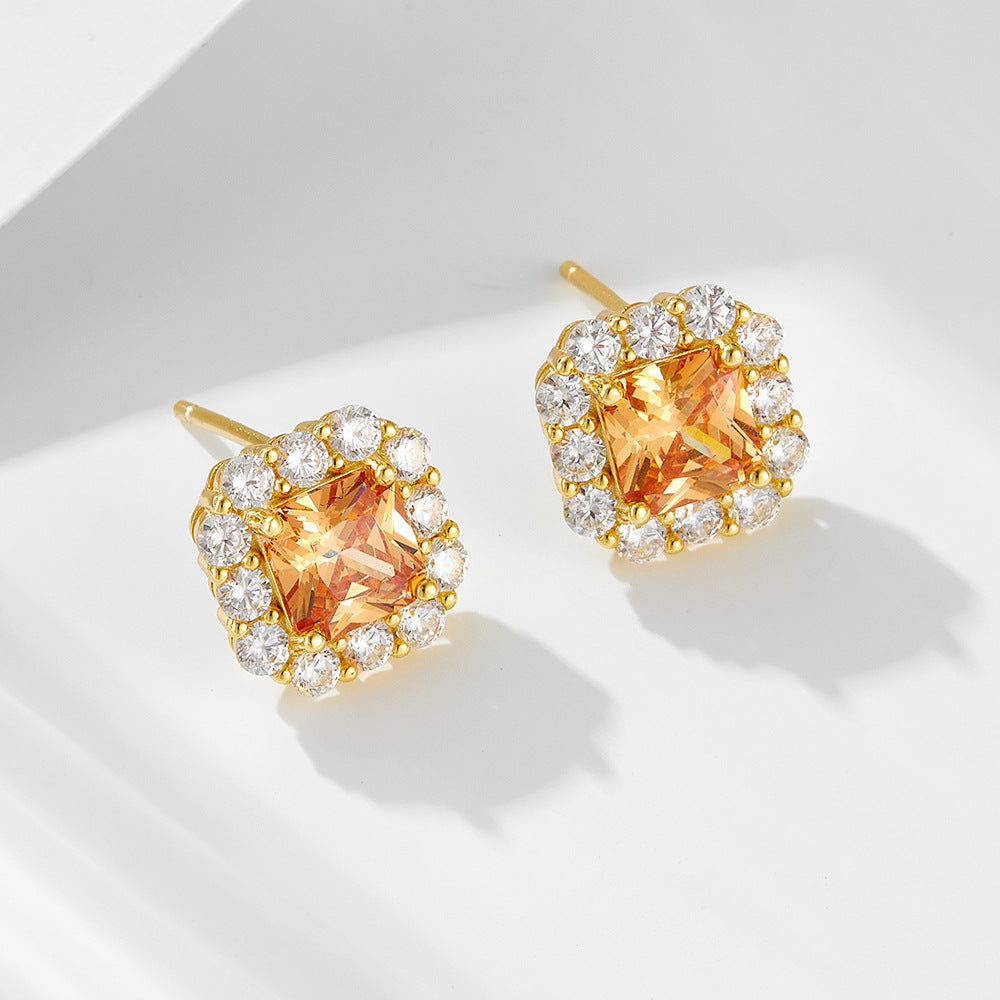 Color Gemstone Stud Earrings S925 Sterling Silver Earrings High-End Square Zircon Earrings Jewelry.