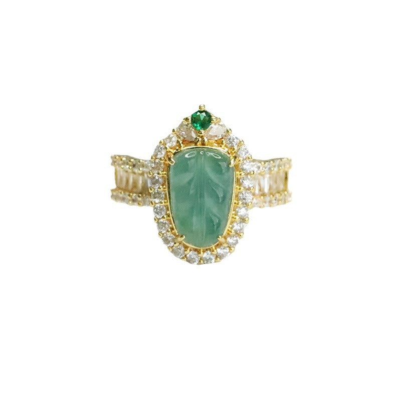 Blue Water Jadeite Leaf Pavé-Style Ring