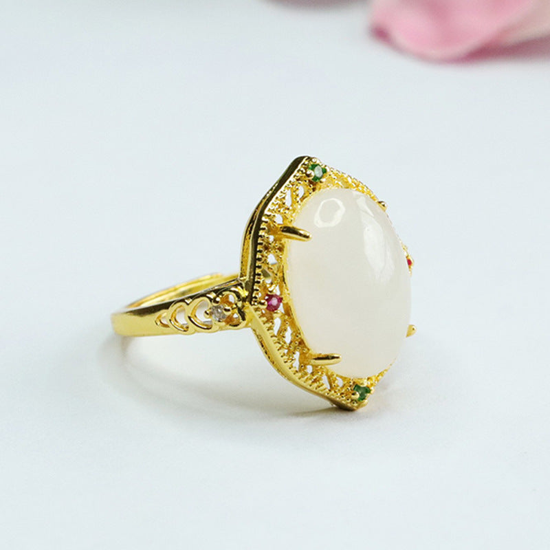 Exquisite Oval White Jade Ring with Zircon Hollow Halo