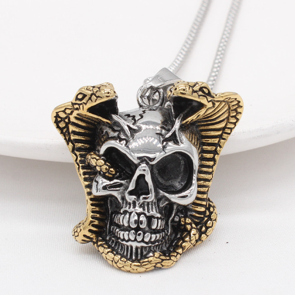 Personalized Retro Snake King Skull Pendant in Titanium Steel for Men - European and American Wholesale Jewelry
