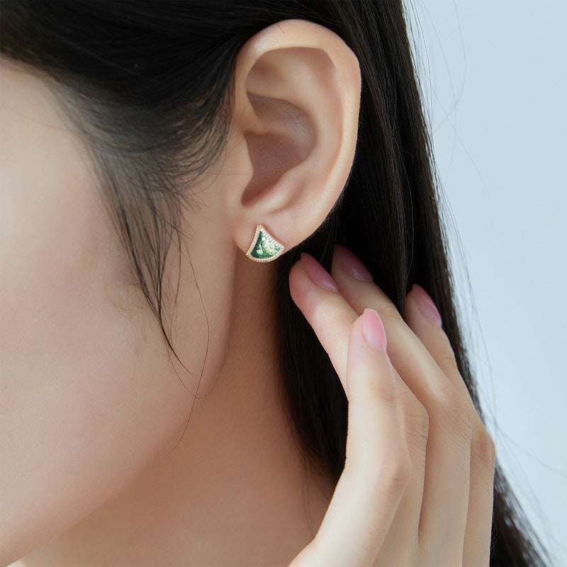 S925 Sterling Silver Moss Agate Ginkgo Leaf Stud Earrings