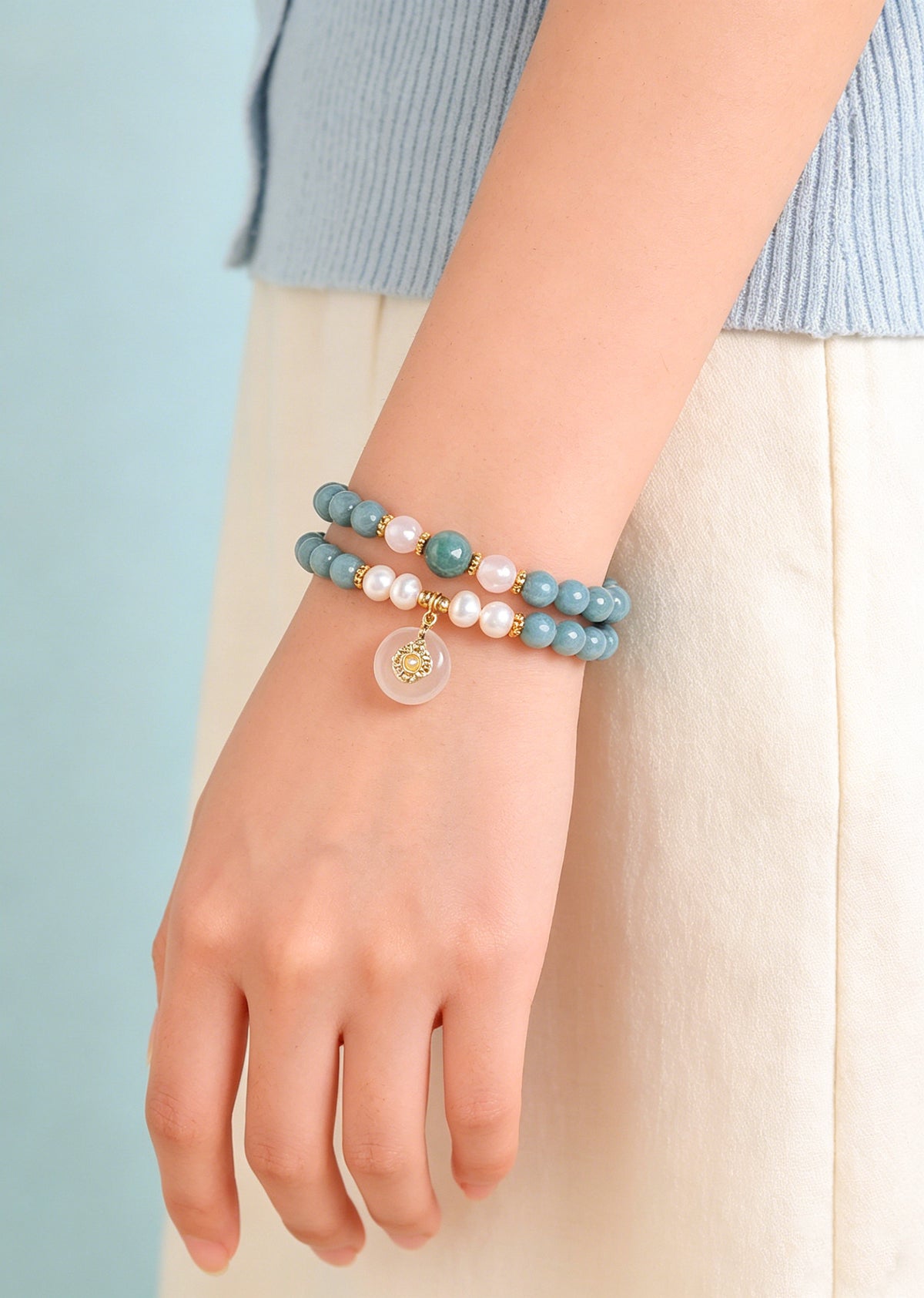 Agate Jadeite Jade Double-Wrap Bracelet