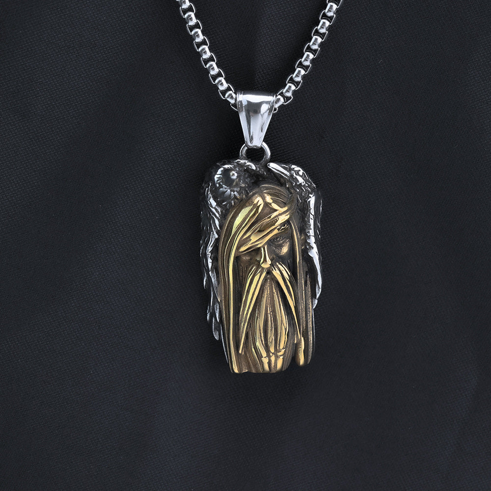 Planderful Shop 3D Avatar Pendant Necklace Vintage Stainless Steel Nordic Viking Bird Wing Feathers For Men Norse Legacy