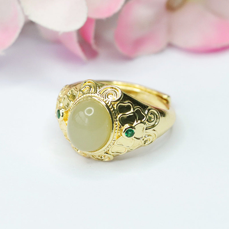 Luxurious Sterling Silver Hetian Jade Ring with Green Zircon Petals Pattern