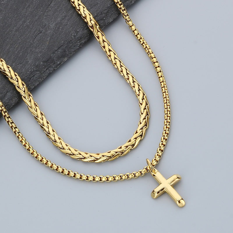 Hip-Hop Trendy Men Stacked Cross Pendant Double-Layer Square Pearl Flower Basket Chain Titanium Necklace