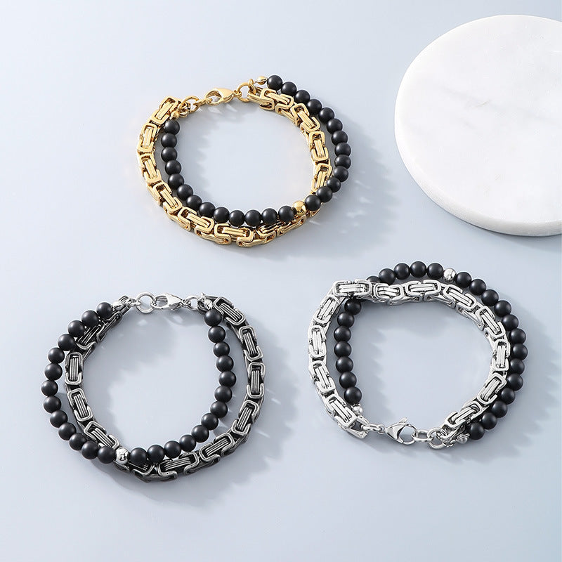 Planderful Mens Black Agate Double Layer Emperor Bracelet