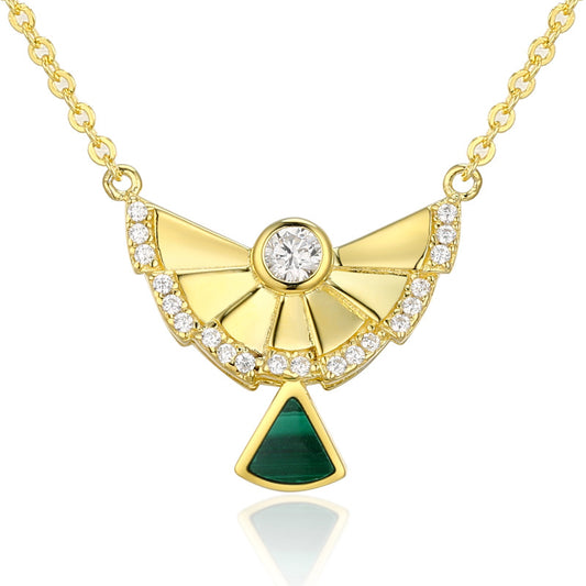 Fan Shaped Pendant Malachite Zircon Sterling Silver Necklace