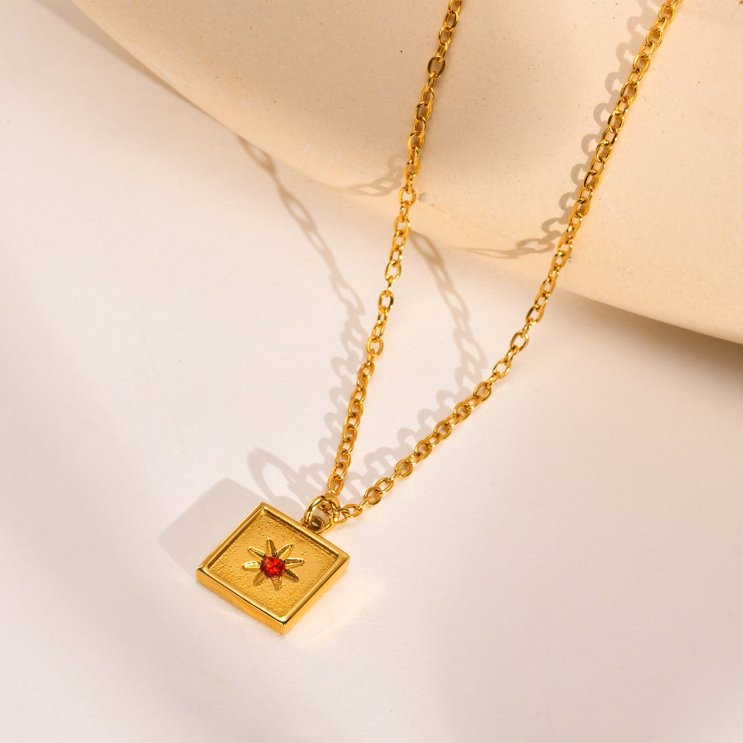 Stainless Steel Red Zircon Octagram Necklace Gold Chain