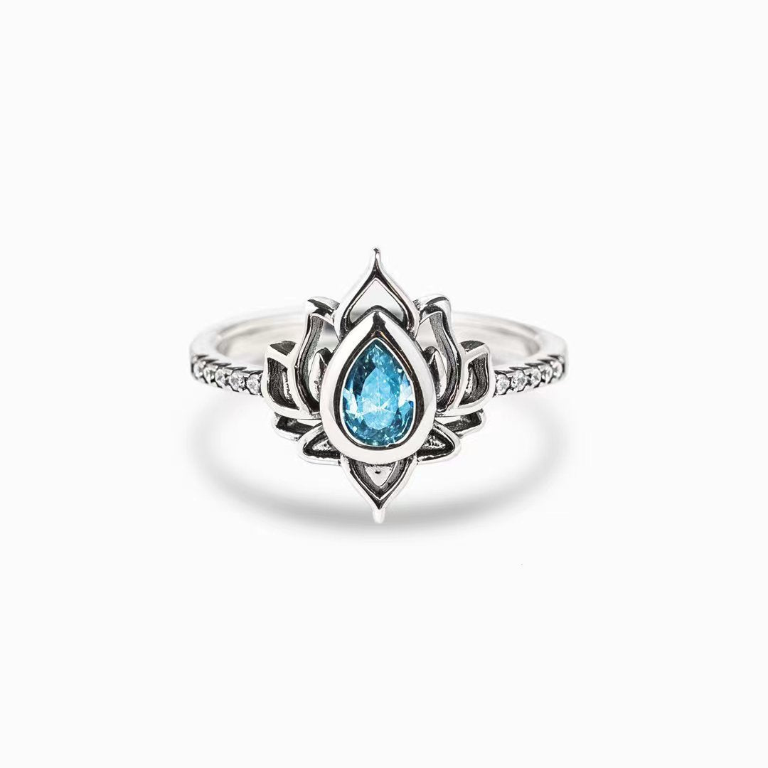 Pear Shape Blue Zircon Lotus Opening Sterling Silver Ring