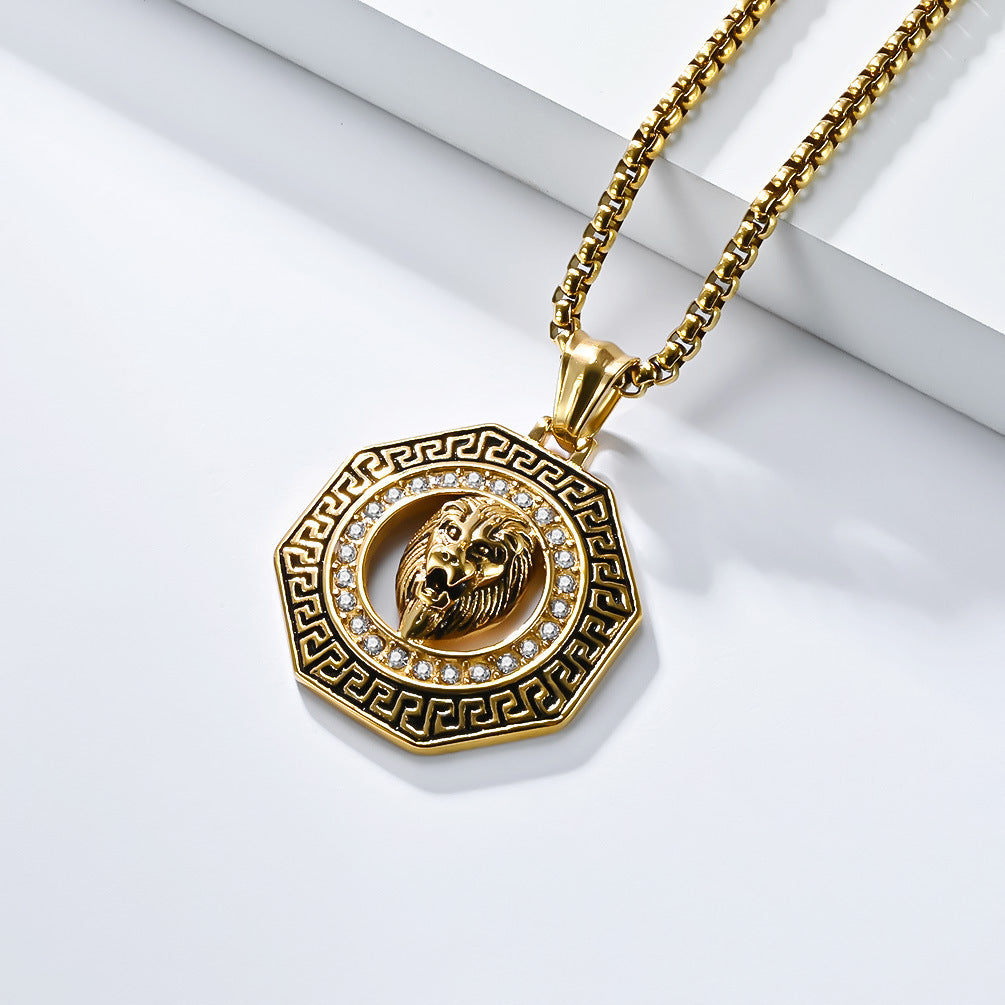 Steel Necklace – Statement Hip Hop Lion Head Zircon Inlay Pendant For Bold Everyday Style