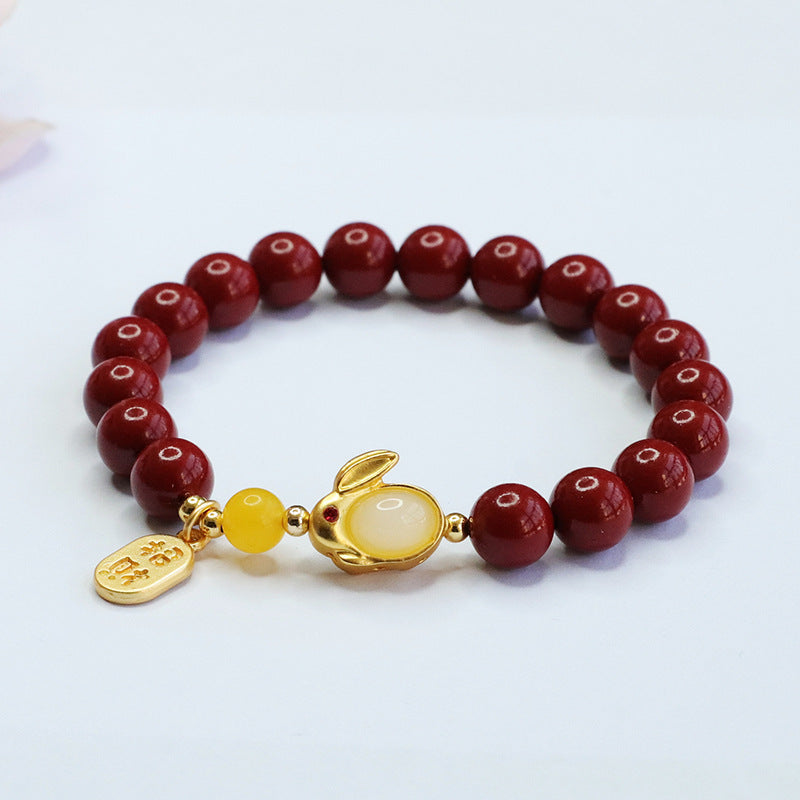 Purple Gold Sand Rabbit Blessing Sterling Silver Cinnabar Stone Bracelet