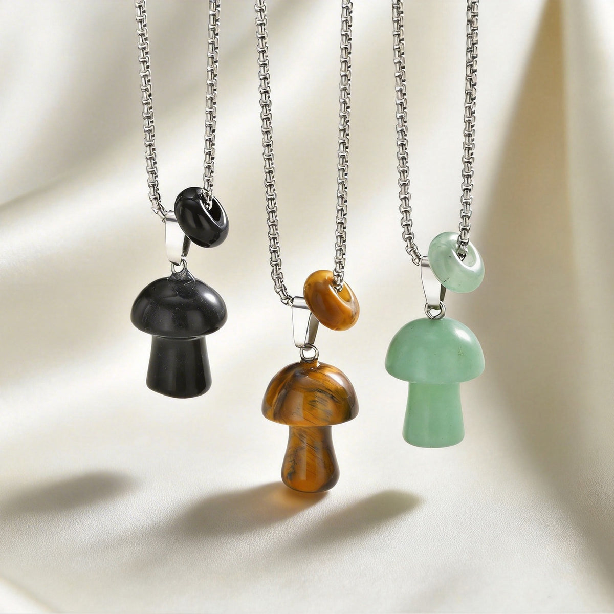 Stainless Steel Natural Tiger's Eye Stone Obsidian Mushroom Necklace Daily