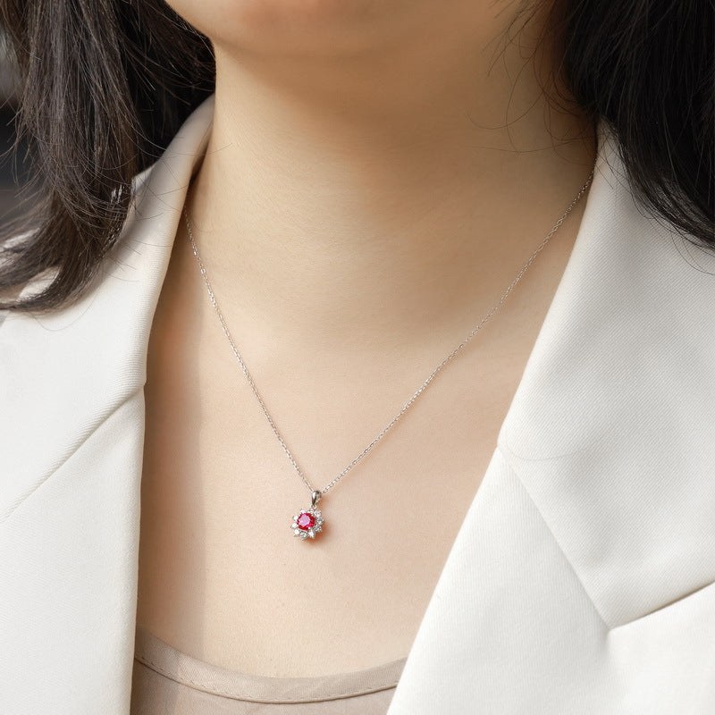 S925 Sterling Silver Lab-Grown Ruby Snowflake Pendant Necklace