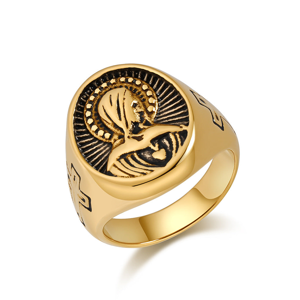 Steel Ring – Vintage Virgin Mary Cross Design