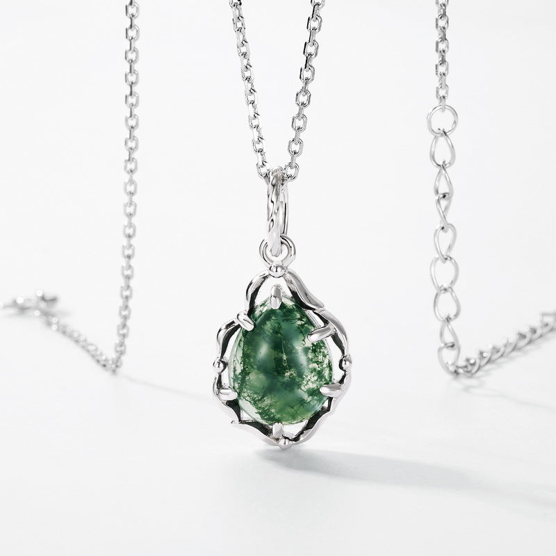 Planderful Jewelry Minimalist Green Moss Agate Pendant Necklace In Sterling Silver Geometric Clavicle Chain