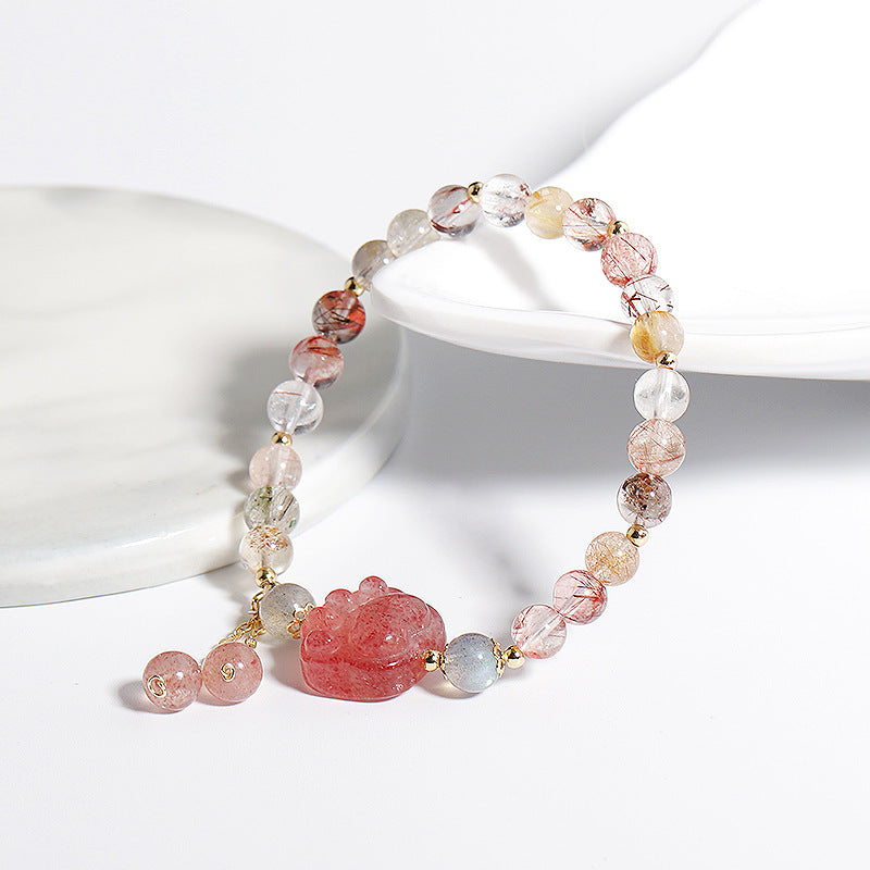 Strawberry Crystal Tassel Bracelet with Cat Claw Design