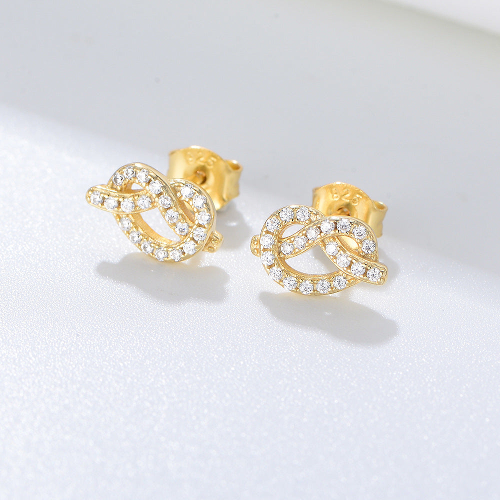 S925 Silver Knotted Rope Knot Geometric Zircon Stud Earrings Design Mini Earrings