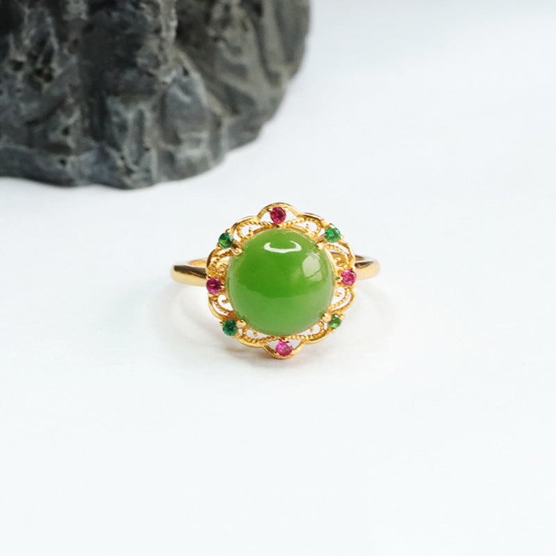 Sterling Silver Adjustable Green Jasper Hollow Flower Ring with Natural Hetian Jade and Zircon