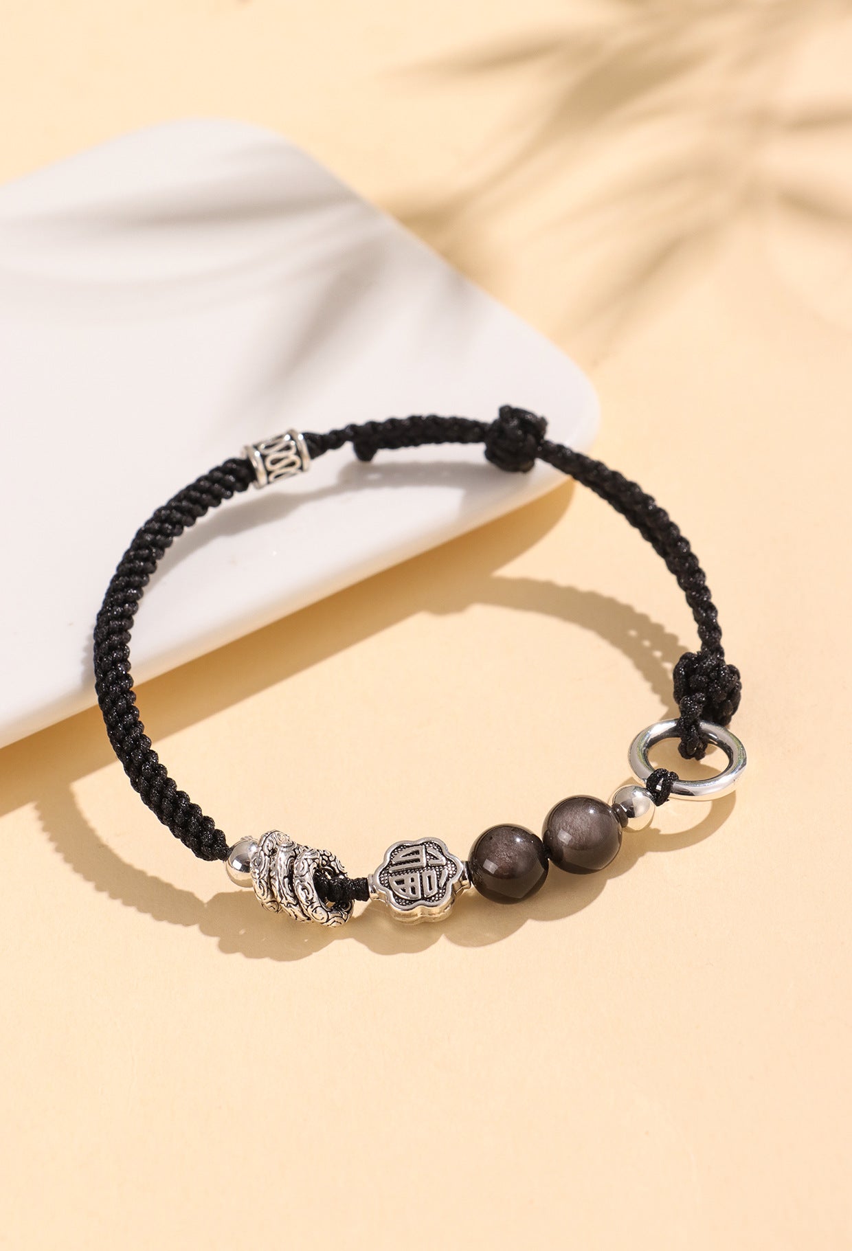 Planderful Fortune's Favor Bracelet – Handwoven Couple Design with Strawberry Crystal and Silver Obsidian