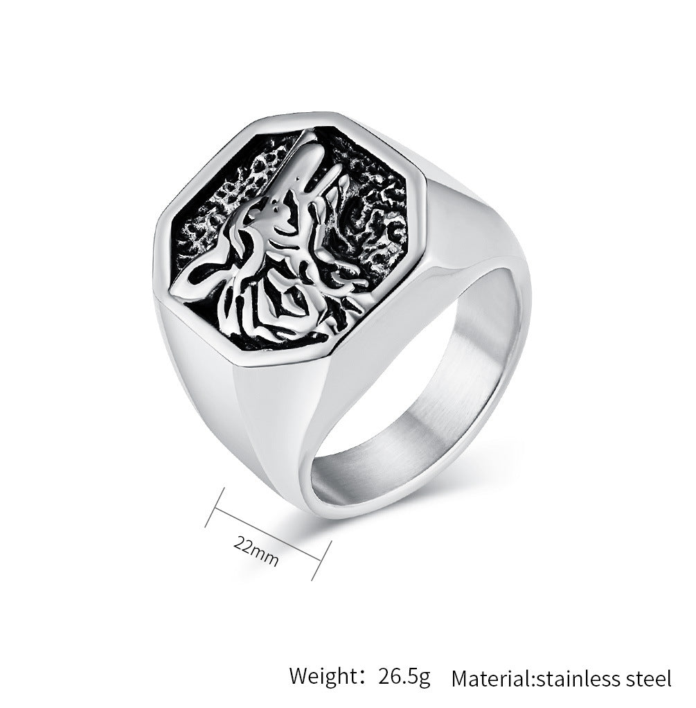 Planderful Titanium Wolf Head Ring For Men Bold Vintage Hip Hop Style Domineering Punk Accessory
