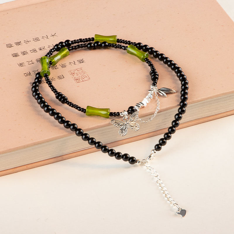 Fortune's Favor Sterling Silver Agate Necklace with Black Onyx and Green Bamboo Leaf Butterfly Pendant