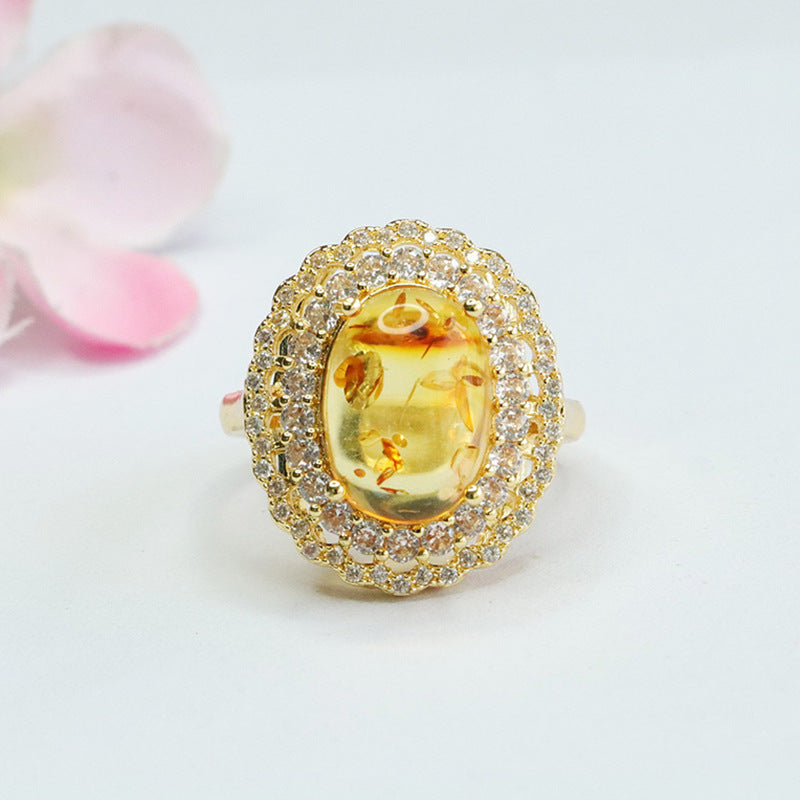 Floral Amber Double Halo Sterling Silver Ring