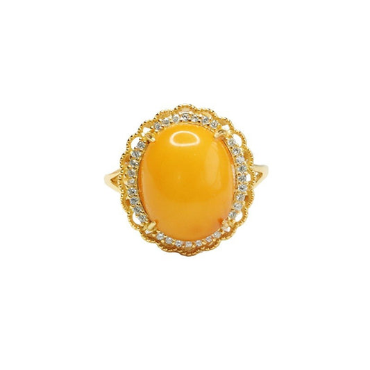 Sterling Silver Flower Ring with Beeswax Amber and Zircon Detail