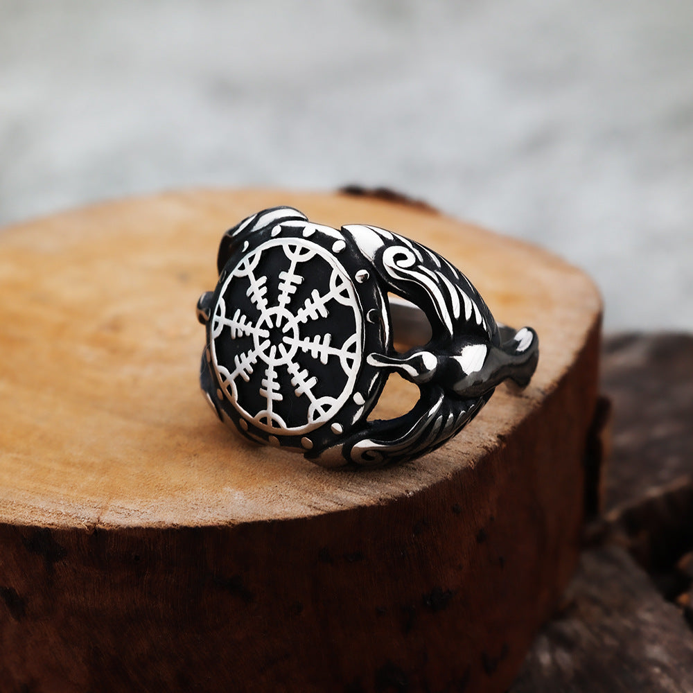 European And American Jewelry Wholesale Men's Titanium Steel Ring Retro Viking Crow Compass Ring