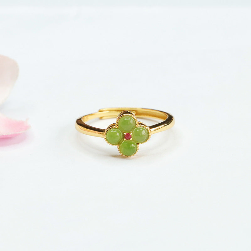 Fortune's Favor S925 Silver Natural Hotan Jade Four Leaf Clover Jasper Ring